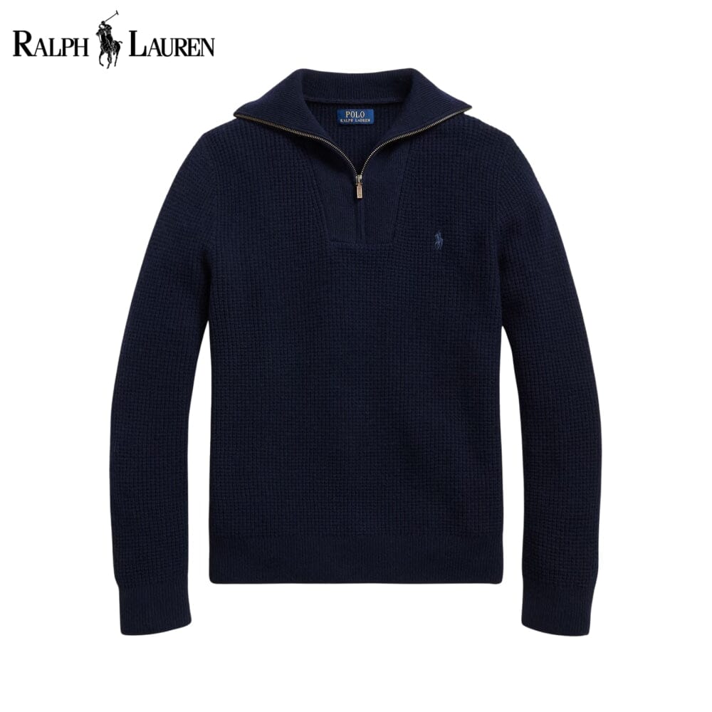 RL Waffle Knit Pullover in Wool and Cotton with Quarter Zip