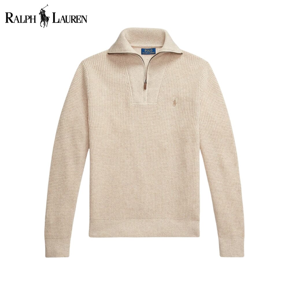 RL Waffle Knit Pullover in Wool and Cotton with Quarter Zip